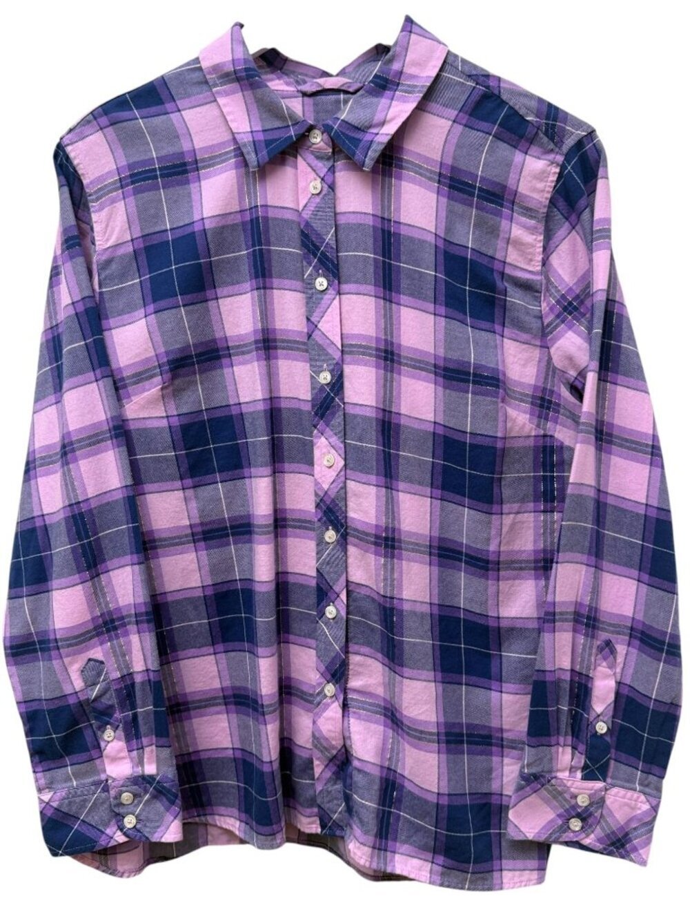 TALBOTS Plaid Shirt XL Petite Blue Pink Button Up Cotton Preppy Womens Casual